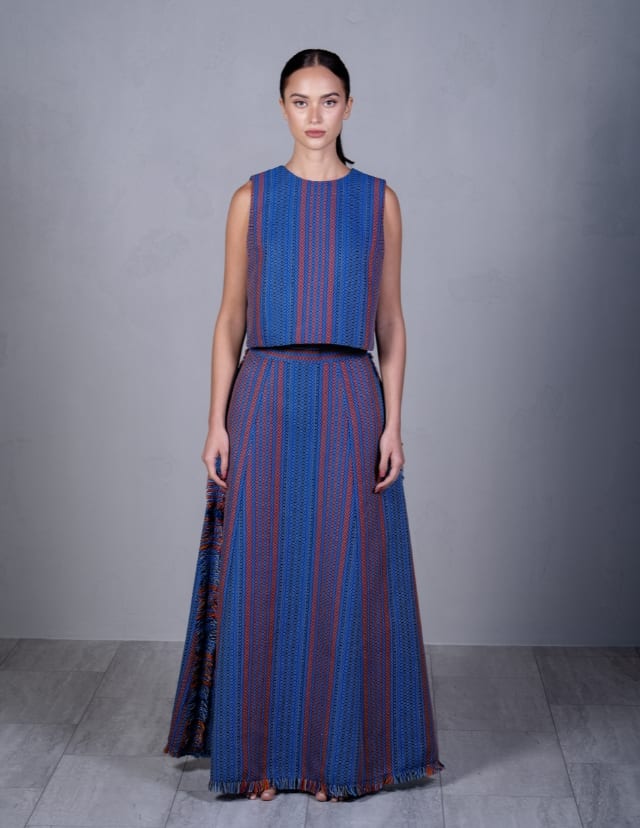 Luisa Top, P10,500; Michaela Skirt in Blue and Orange Lilaktob and Milat Mata combination weave, P25,000, TAHI, bahaytahi.com